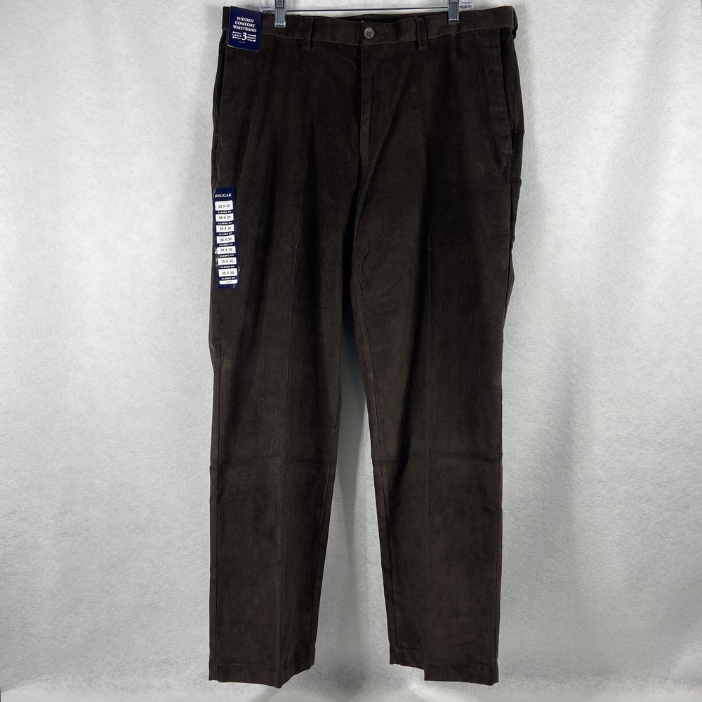 Haggar Premium Pants Men's 38x30 Brown Corduroy Straight Classic Fit Stretch New